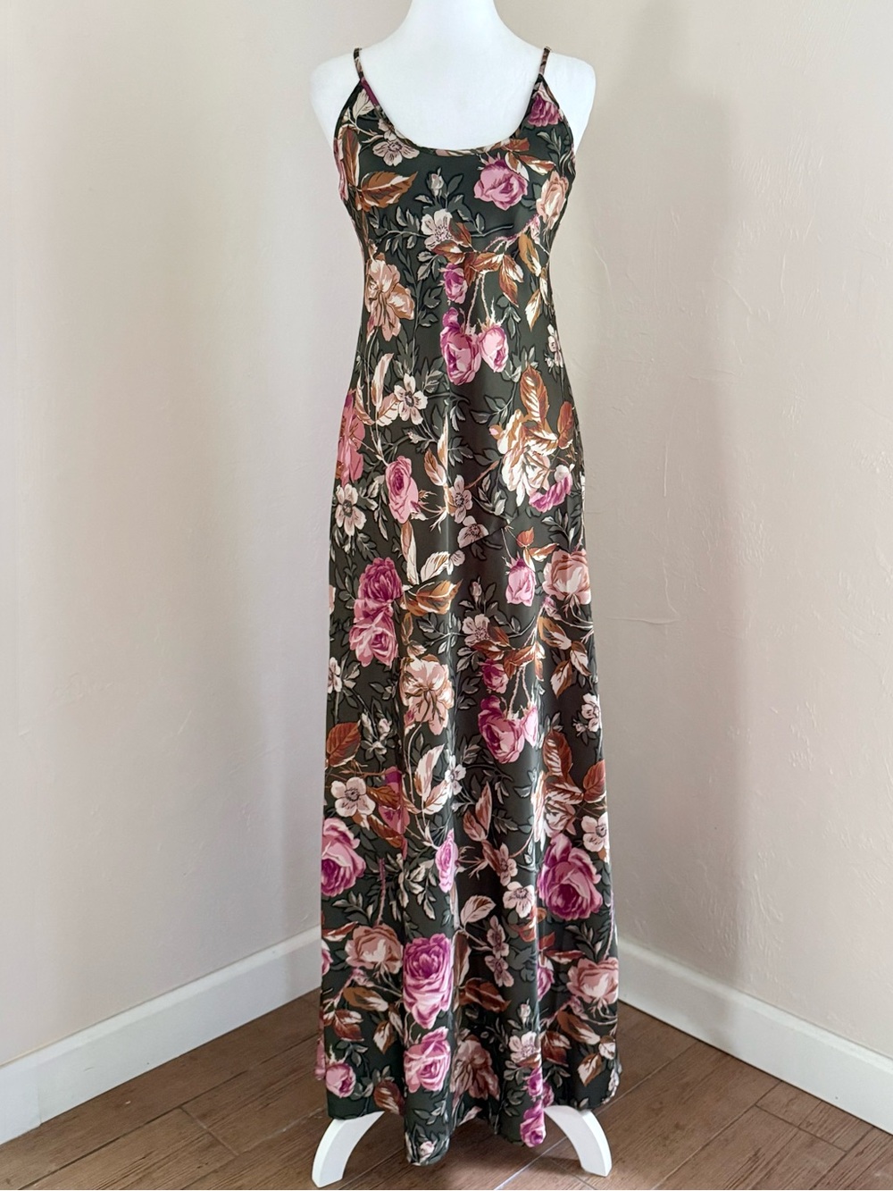 Joie Green Floral Satin Spaghetti Strap Maxi Slip Dress w/ Pink Rose Print S